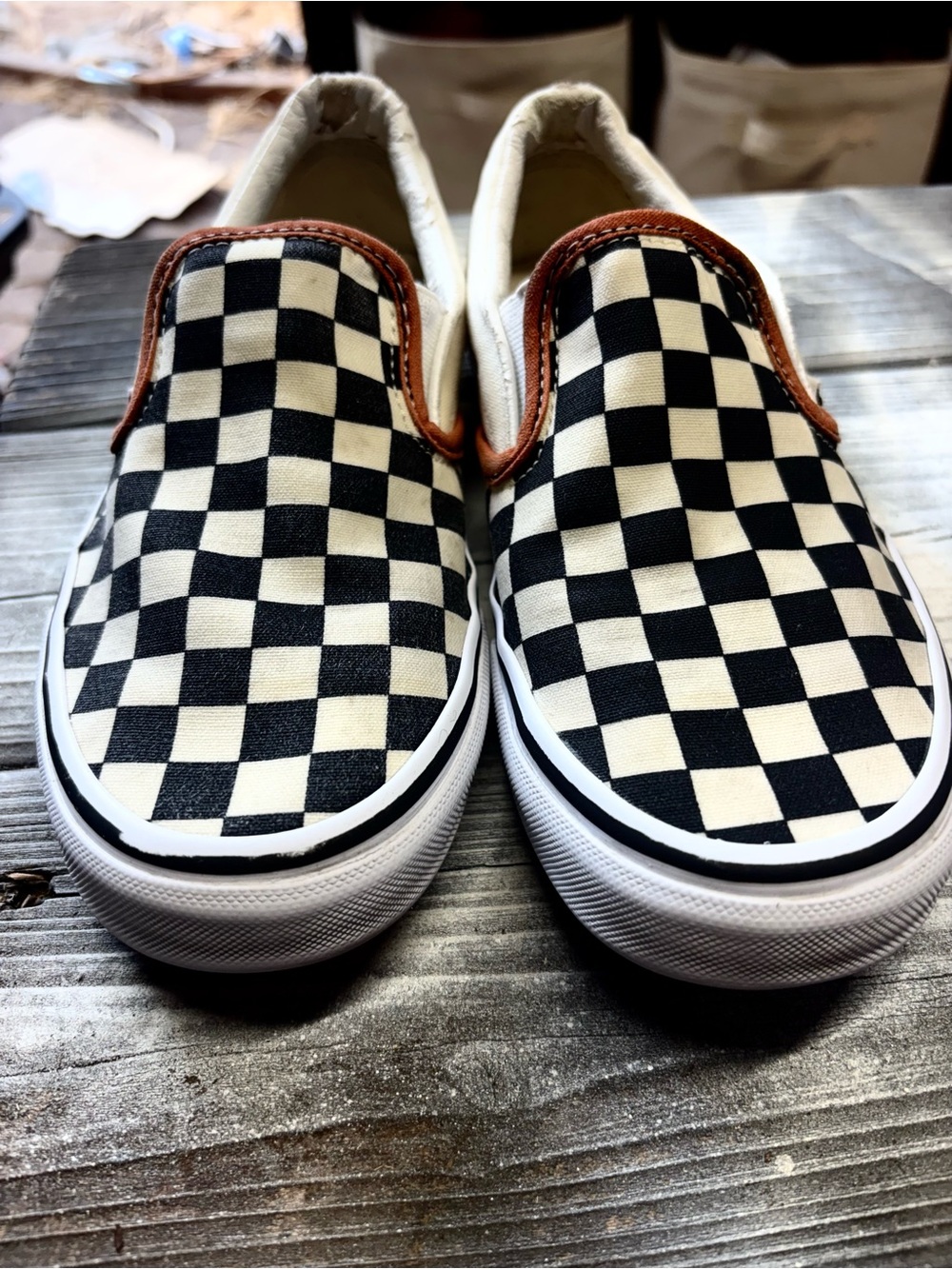 Vans white & black checkerboard slip-on sneakers in US womens7